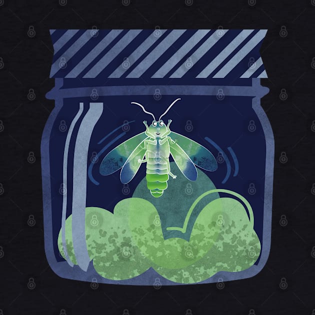 Glowing in the moss // spot illustration // blue background jars with lightning fireflies bugs quirky whimsical and bioluminescence lampyridae beetles by SelmaCardoso